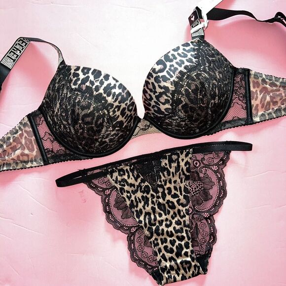Victoria's Secret 36C BRA SET+garter Skirt+M Panty BLACK LACE ANIMAL SHINE STRAP - Picture 5 of 7